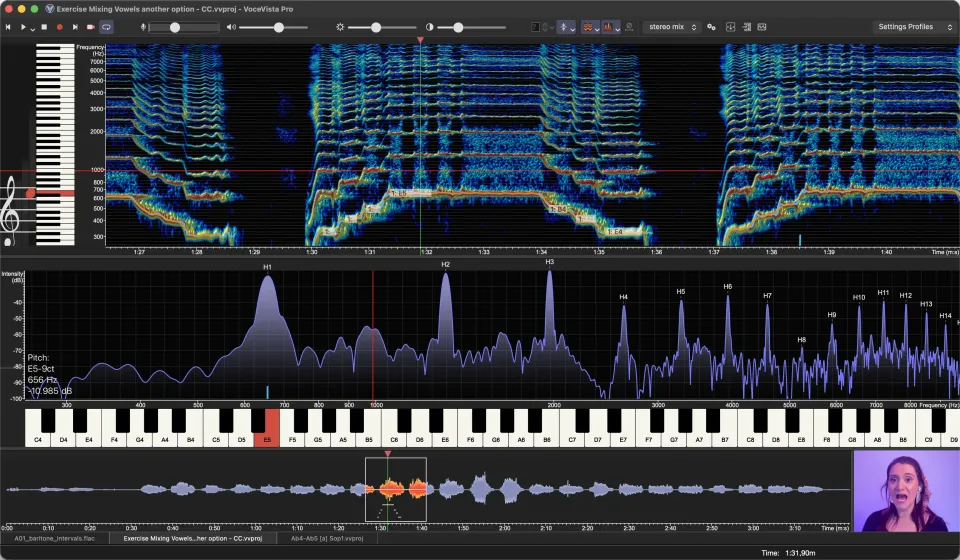 Samma arpeggio med deltonspektrumet under spektrogrammet, där deltonerna H1 till H14 är utspridda längs en vågrät frekvensaxel med ett pianotangentbord under