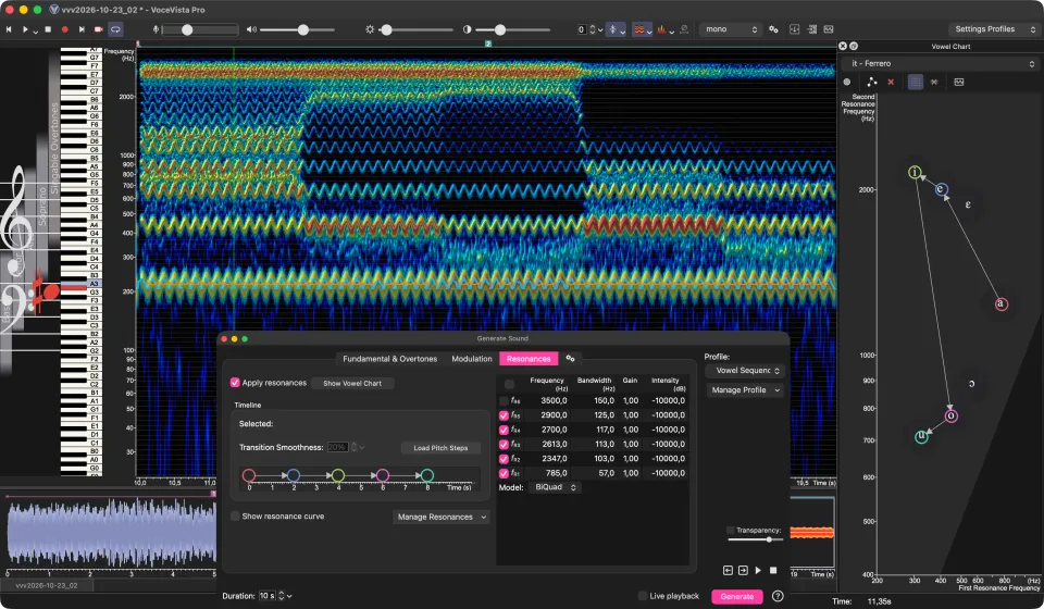 The sound generator building a vowel sequence from resonances: the resonance table, the path from a through e, i, and o to u on the Vowel Chart, and the synthesized tone with vibrato in the spectrogram
