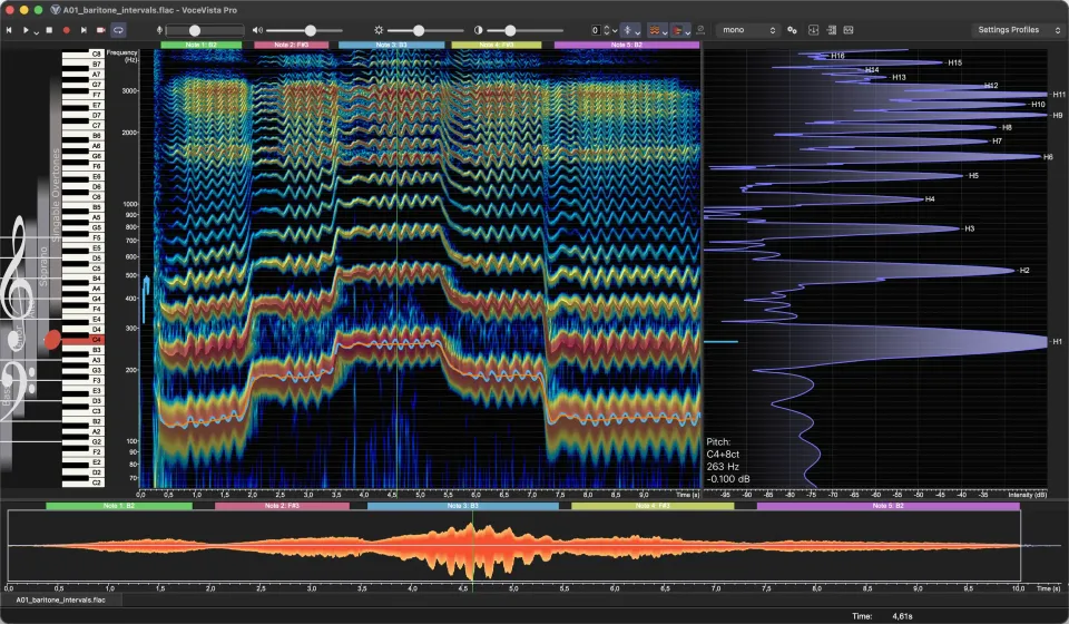 A baritone's interval exercise: spectrogram with pitch line and vibrato, a piano keyboard on the frequency axis, and the harmonic spectrum labeled H1 to H16