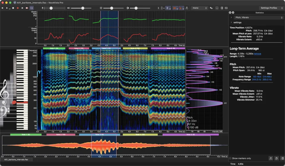 A baritone's interval exercise: vibrato rate and extent graphed above the spectrogram, and the statistics pane with the mean vibrato rate, extent, jitter, and shimmer of the selected note