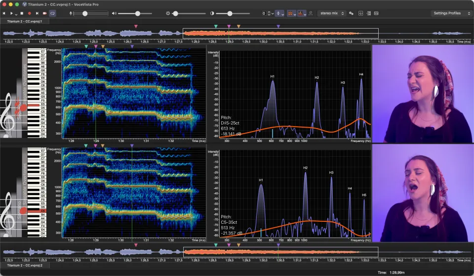 Two moments of a singer's phrase stacked for comparison, each with its spectrogram, harmonic spectrum, and video frame