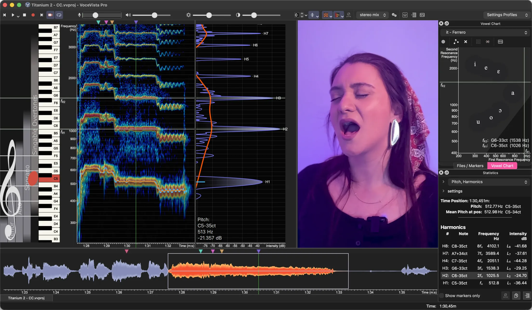 VoceVista Pro analyzing a singer's phrase: spectrogram with pitch line and vibrato, harmonic spectrum, synced video, Vowel Chart, and a table of harmonics