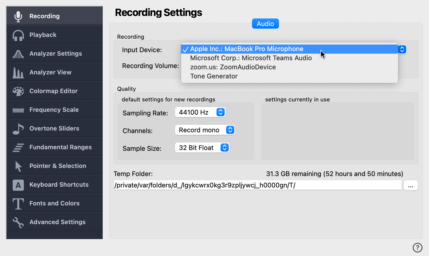 recording settings select mic