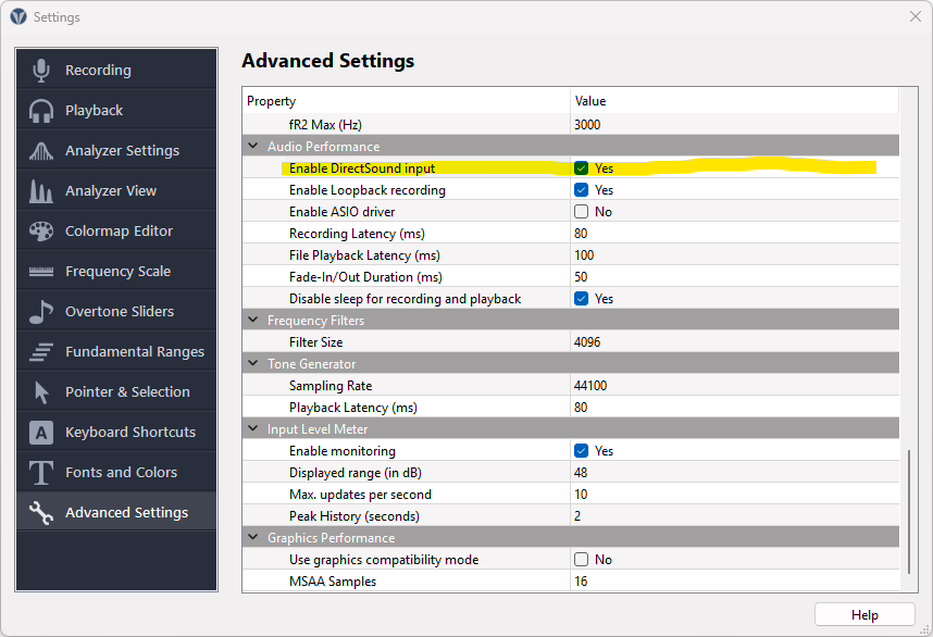 Enabling DirectSound input