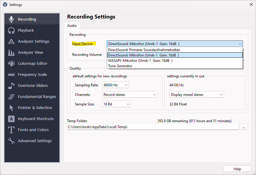 Select DirectSound input device